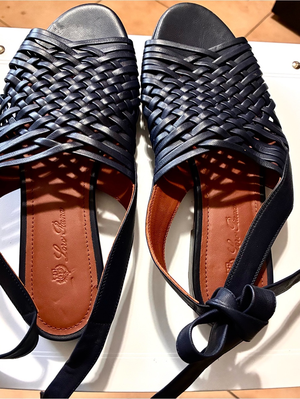 Loro Piana Navy Woven Leather Slingback Sandals with Cognac Insole - Picture 2 of 4